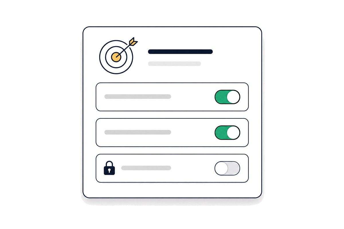 Strategy panel with permission gates — two toggles on, checkout locked